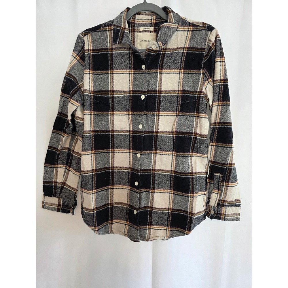 THREAD & SUPPLY Womens‎ Relaxed Fit Plaid Flannel Shirt Medium Black Tan